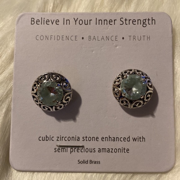 Cubic Zirconia Stone Enhanced With Semi Precious Amazonite Post Earrings (CS) - Picture 3 of 4